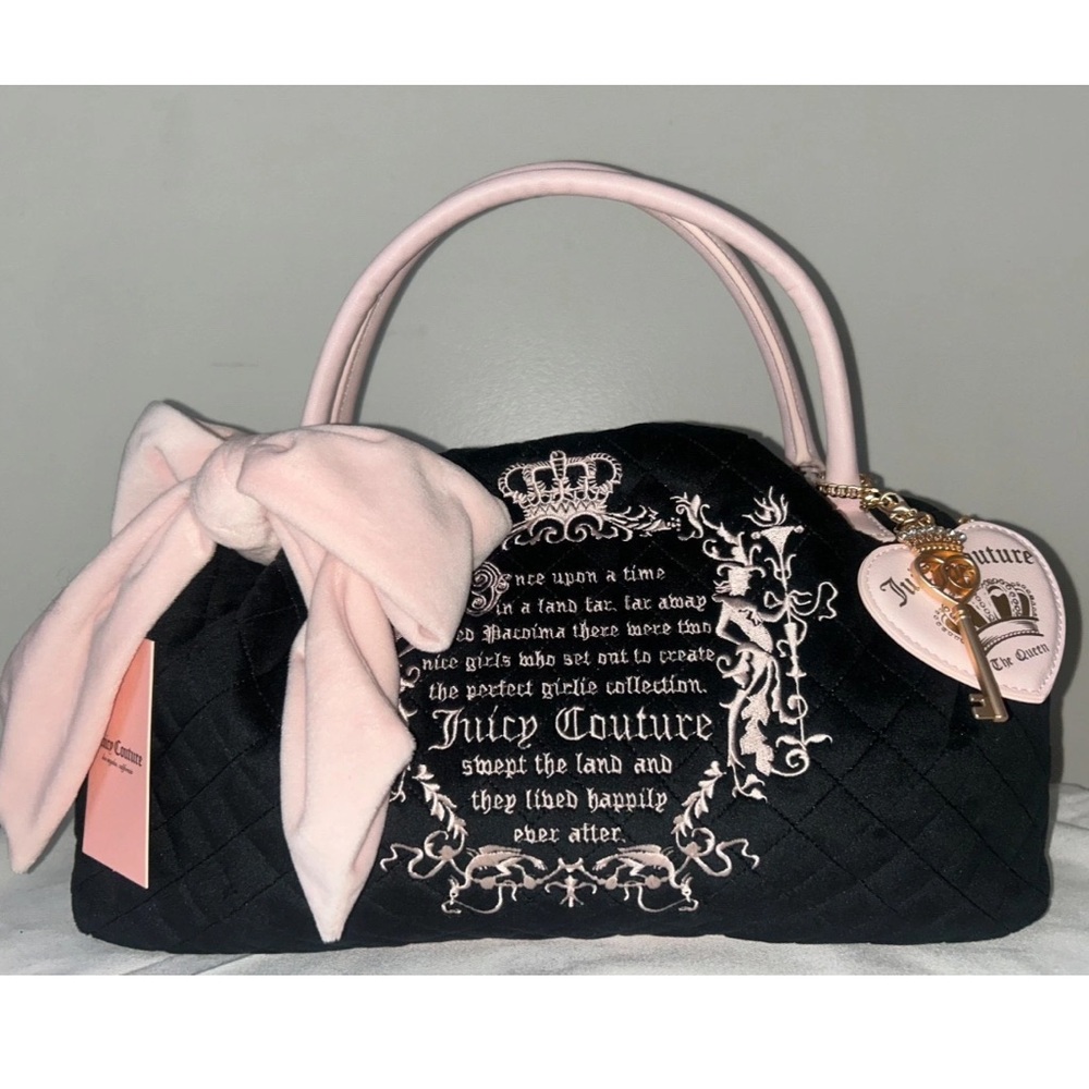 NEW! NWT JUICY COUTURE Velour Juicy Tale Bowler Bag in Black/Light Pink